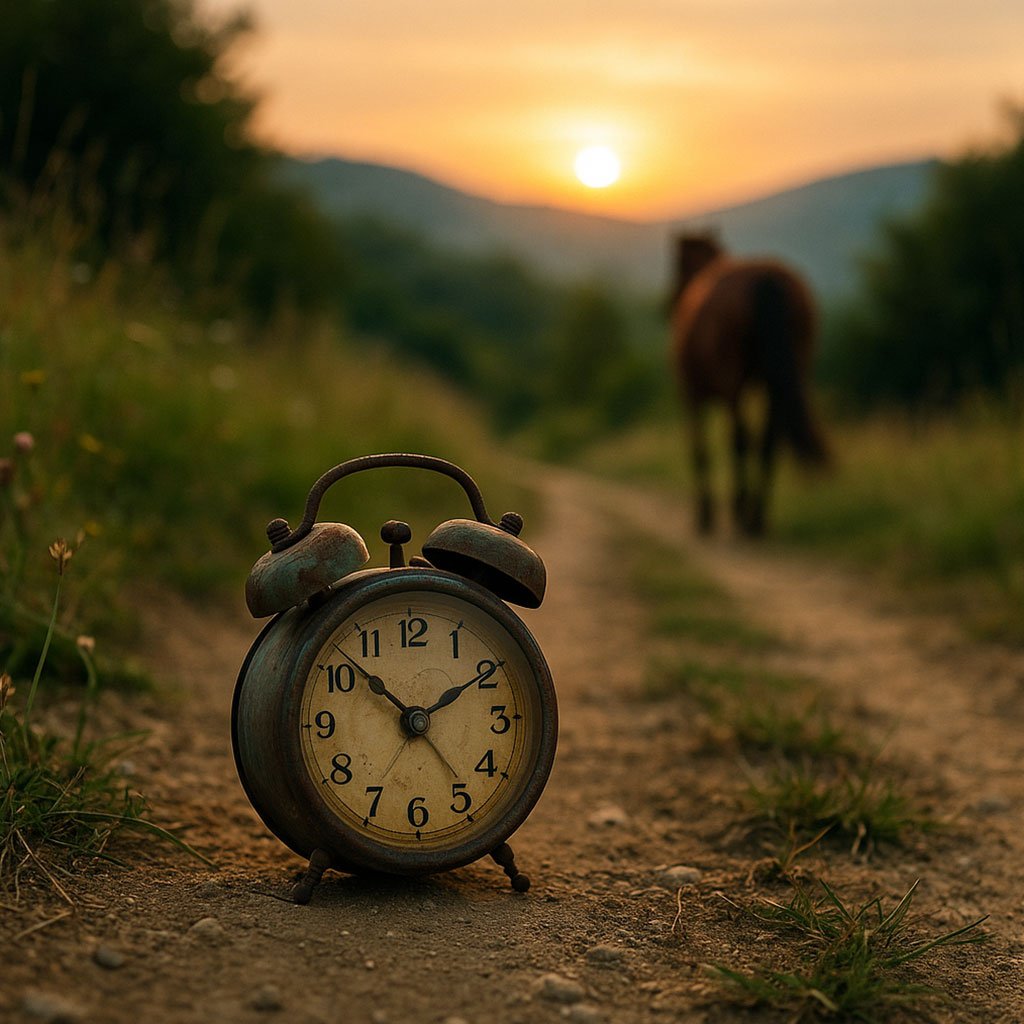 Vecchia sveglia su un sentiero di montagna al tramonto, con un cavallo che si allontana lentamente nella quiete della natura – un’immagine simbolica della lentezza e autenticità di un weekend in agriturismo.