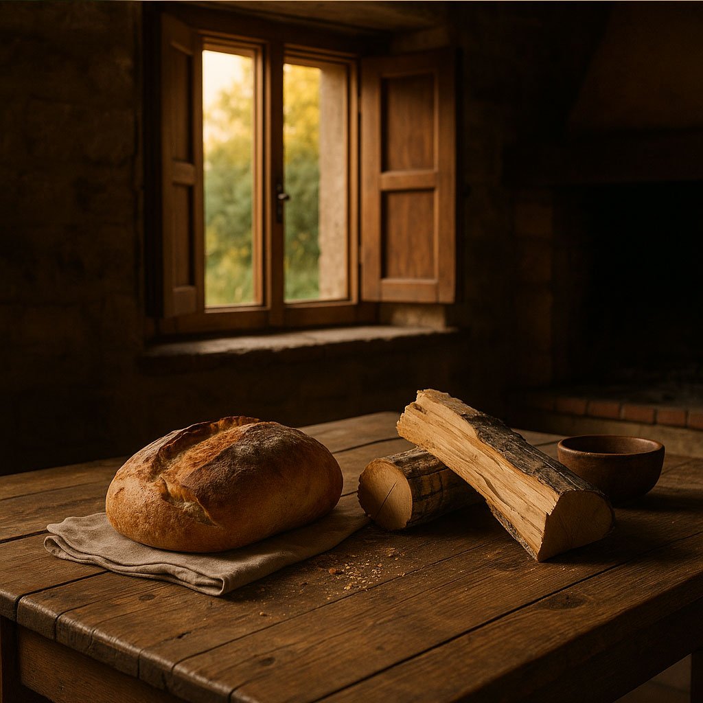 Tavolo rustico in legno con pane appena sfornato e legna da camino in una cucina di campagna, immersa nella luce calda del tramonto: l’essenza di un weekend in agriturismo tra silenzi, natura e semplicità autentica.