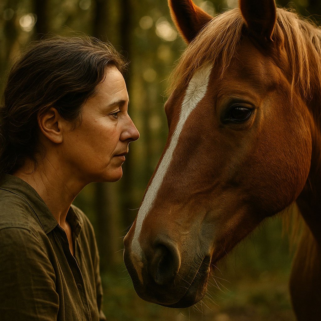 Una donna e un cavallo si scambiano uno sguardo profondo nel cuore di un bosco, simbolo del legame autentico che nasce durante le passeggiate a cavallo nella natura.