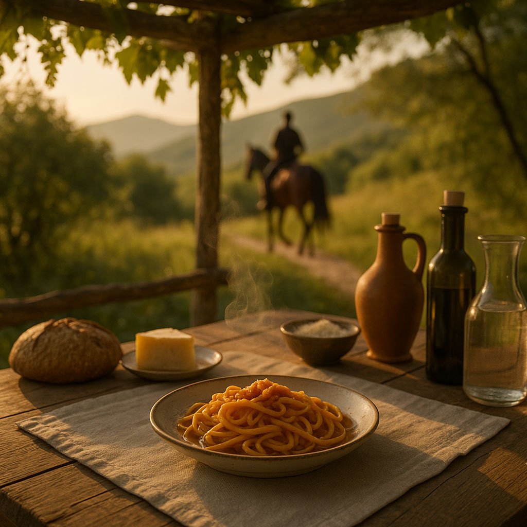 Tavola rustica imbandita al tramonto, con piatto fumante di pasta fatta in casa e sullo sfondo un cavaliere che rientra lentamente da una delle passeggiate a cavallo nel cuore dell’Abruzzo.