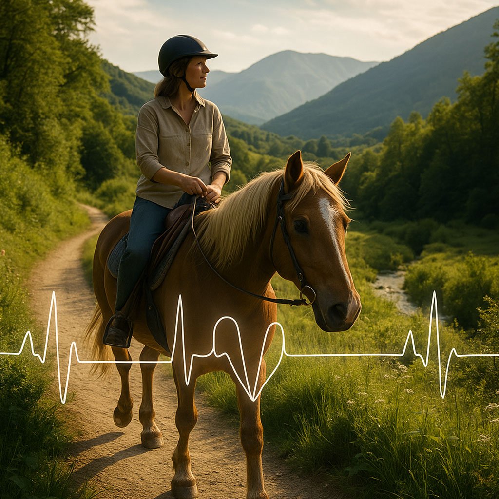 Donna serena in sella al suo cavallo su un sentiero di montagna immerso nella natura del Parco d’Abruzzo, simbolo delle passeggiate a cavallo come esperienza di connessione profonda e libertà interiore.