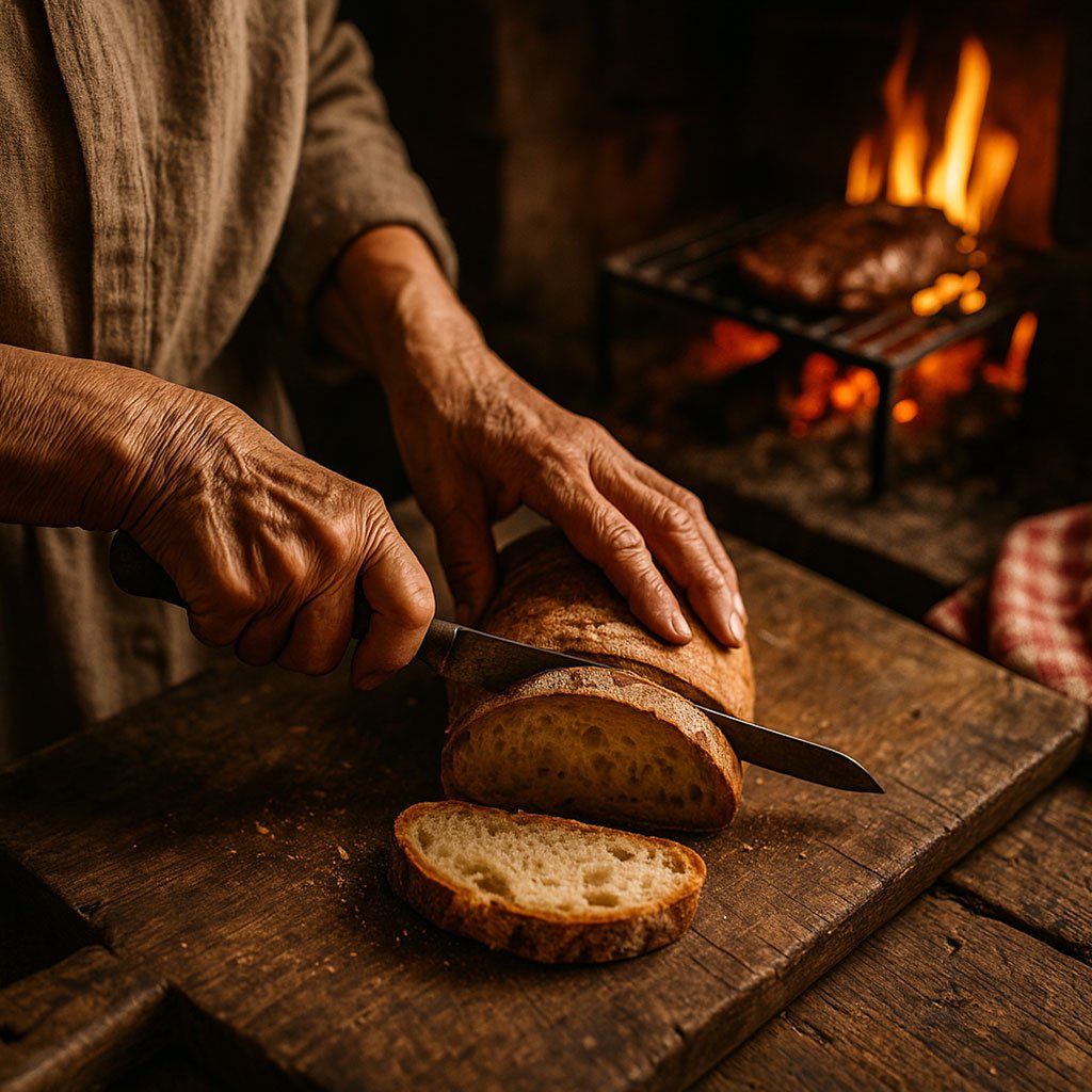 Mani anziane affettano pane rustico su un tagliere in legno, mentre sullo sfondo la carne alla brace sfrigola sopra un fuoco vivo, in un’atmosfera calda e familiare che profuma di tradizione e lentezza.