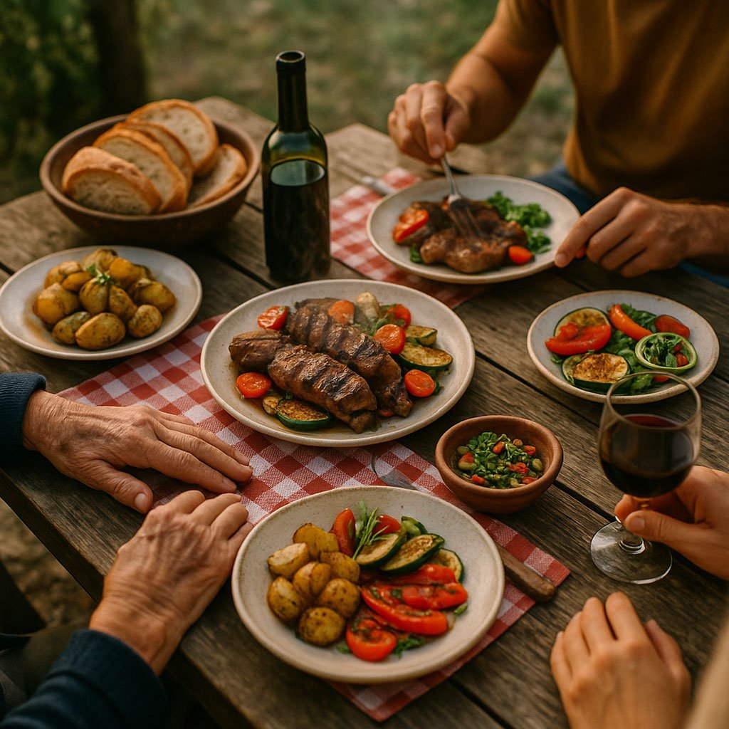 Tavolata rustica all’aperto con piatti fumanti di carne alla brace, verdure grigliate e patate al rosmarino, condivisa da più generazioni in un’atmosfera familiare e conviviale sotto la luce calda del tramonto.