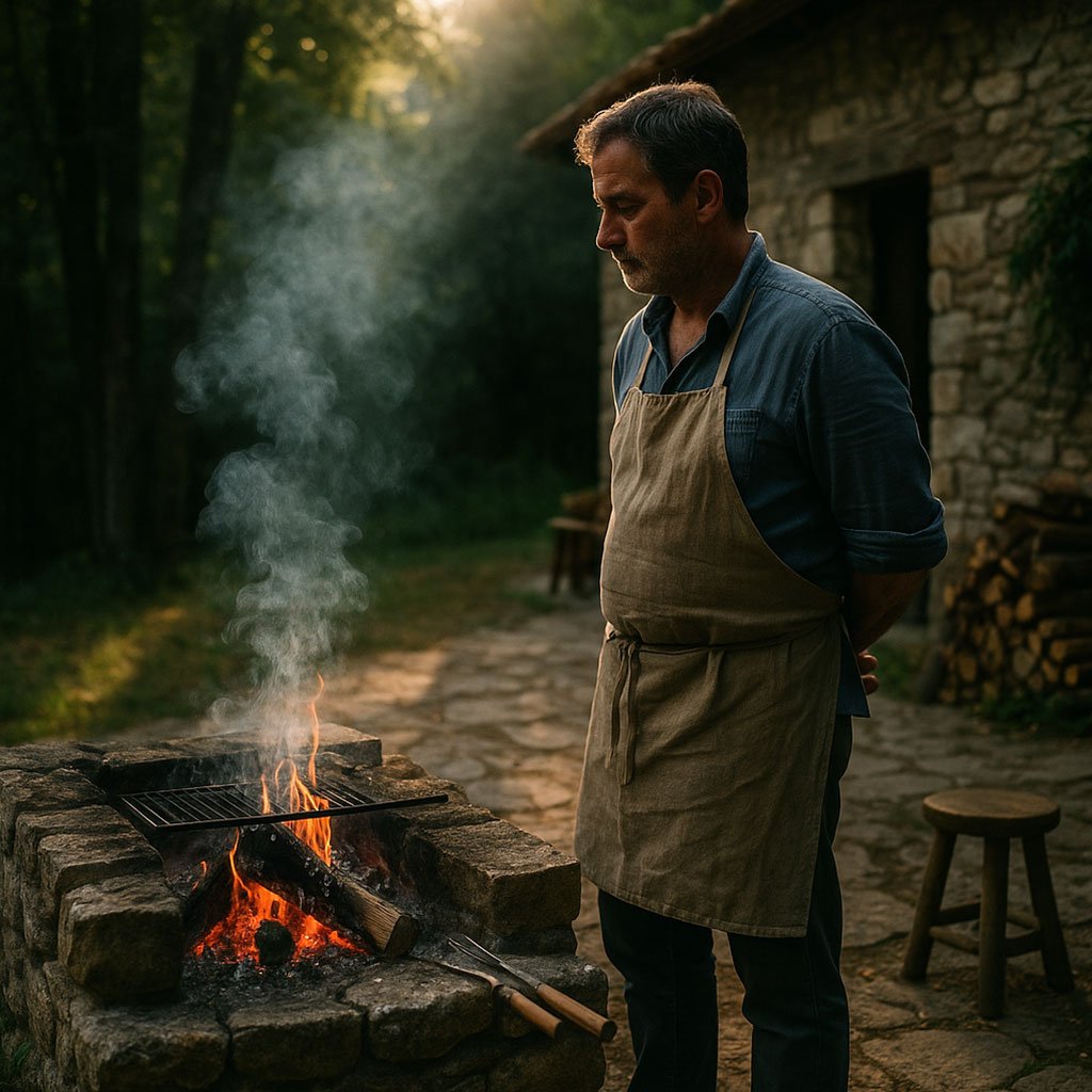 Uomo assorto davanti a un fuoco vivo in un agriturismo di montagna, mentre la carne alla brace cuoce lentamente avvolta dal profumo del legno e dalla quiete della natura.